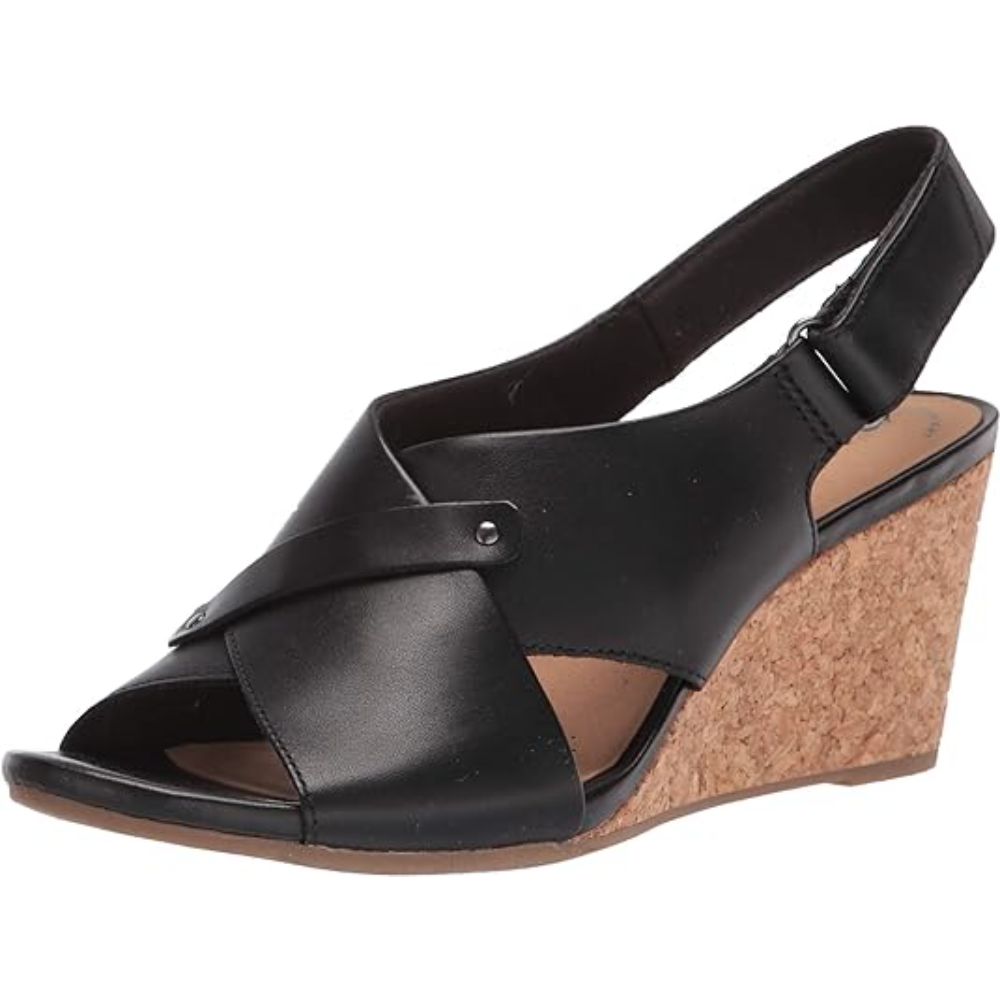 Clarks Women's Margee Eve Black Leather Wedge Sandal
