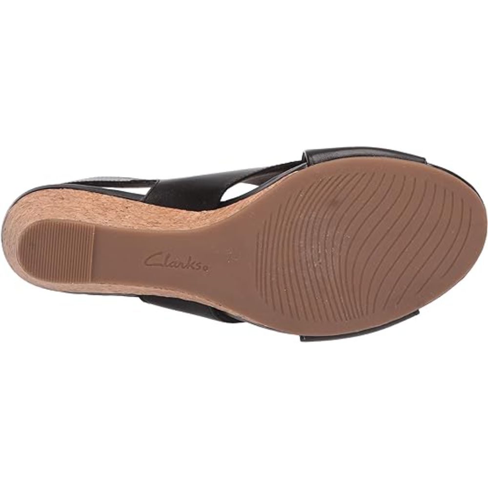Clarks Women's Margee Eve Black Leather Wedge Sandal