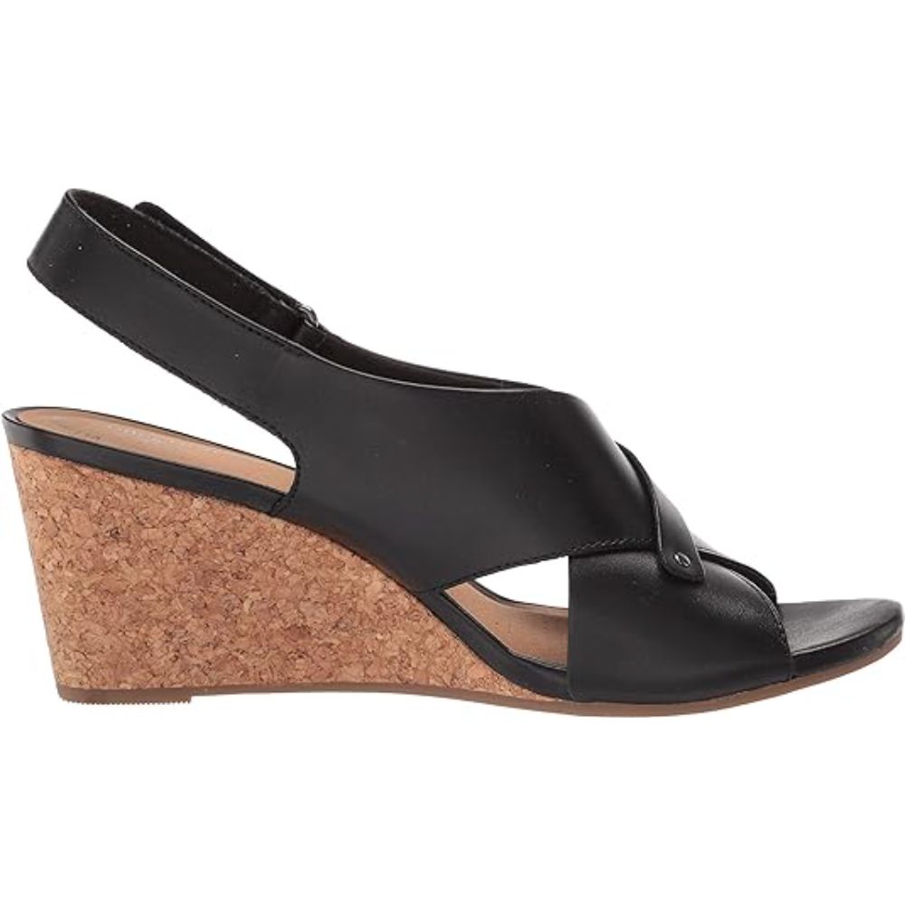Clarks Women's Margee Eve Black Leather Wedge Sandal