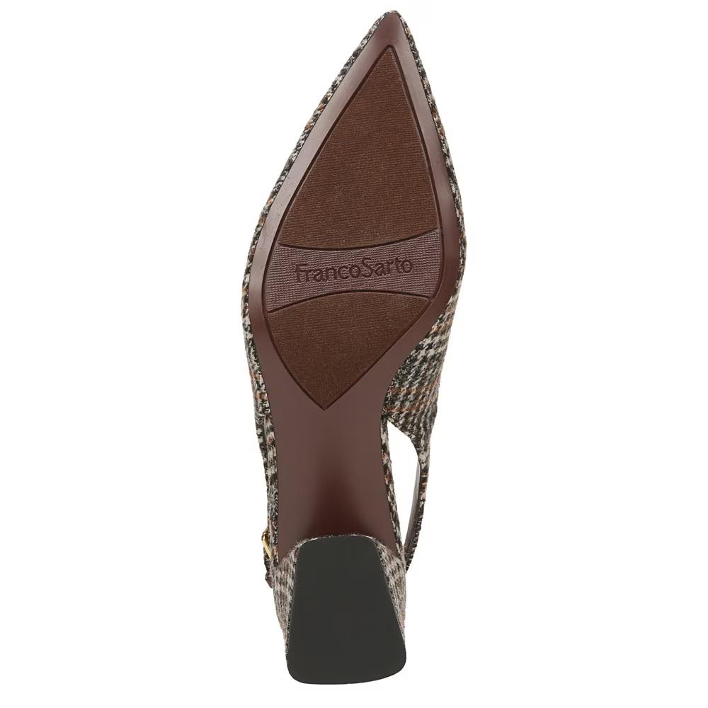 Franco Sarto Women's Racer Slingback Brown Plaid Fabric Low Block Heel Pointed Toe Pump
