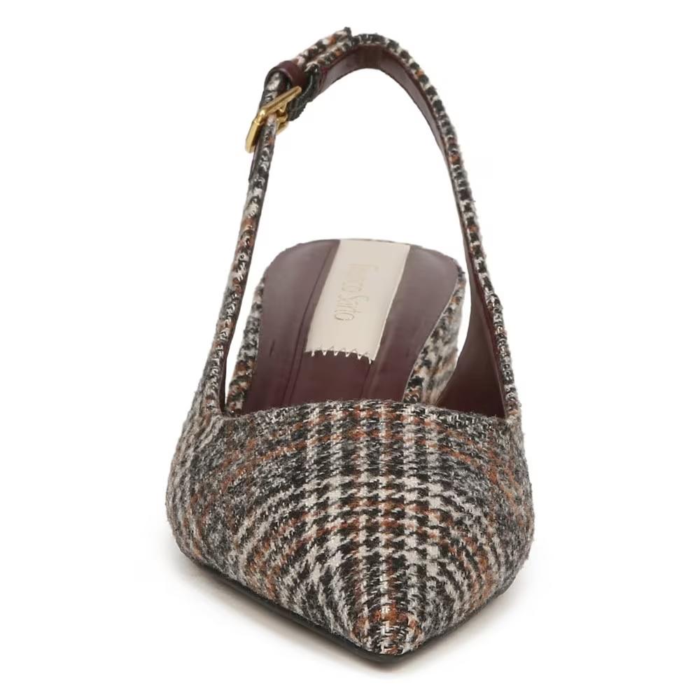 Franco Sarto Women's Racer Slingback Brown Plaid Fabric Low Block Heel Pointed Toe Pump