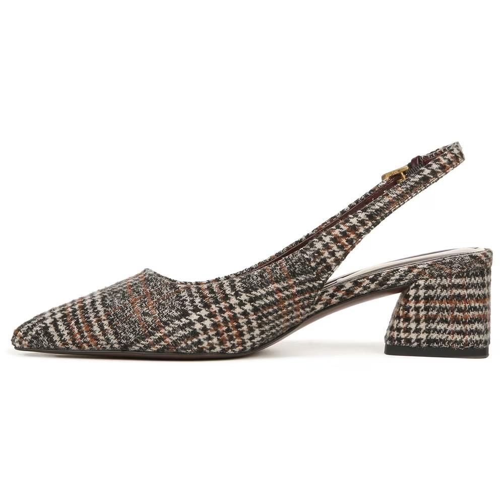 Franco Sarto Women's Racer Slingback Brown Plaid Fabric Low Block Heel Pointed Toe Pump