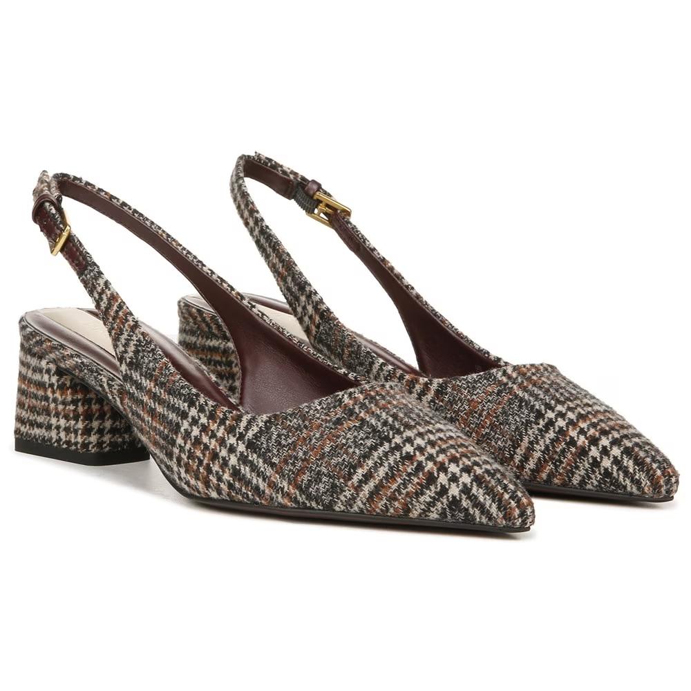Franco Sarto Women's Racer Slingback Brown Plaid Fabric Low Block Heel Pointed Toe Pump