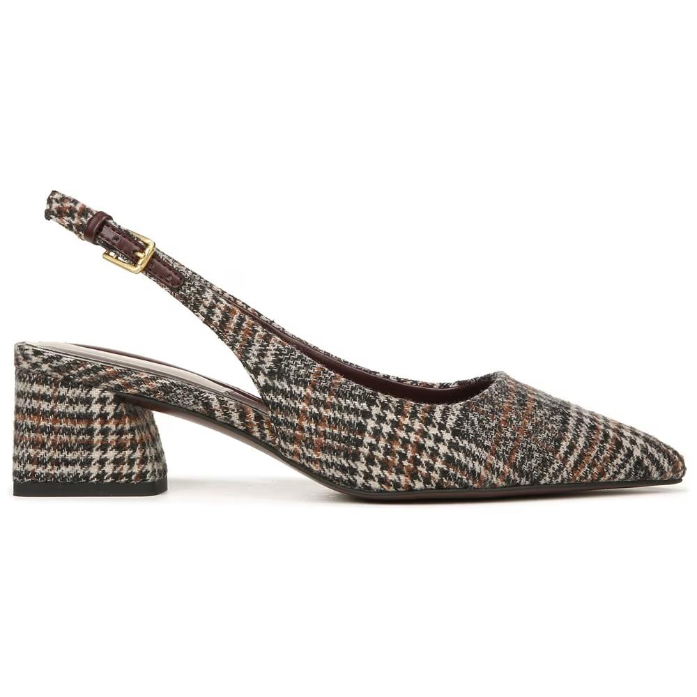 Franco Sarto Women's Racer Slingback Brown Plaid Fabric Low Block Heel Pointed Toe Pump