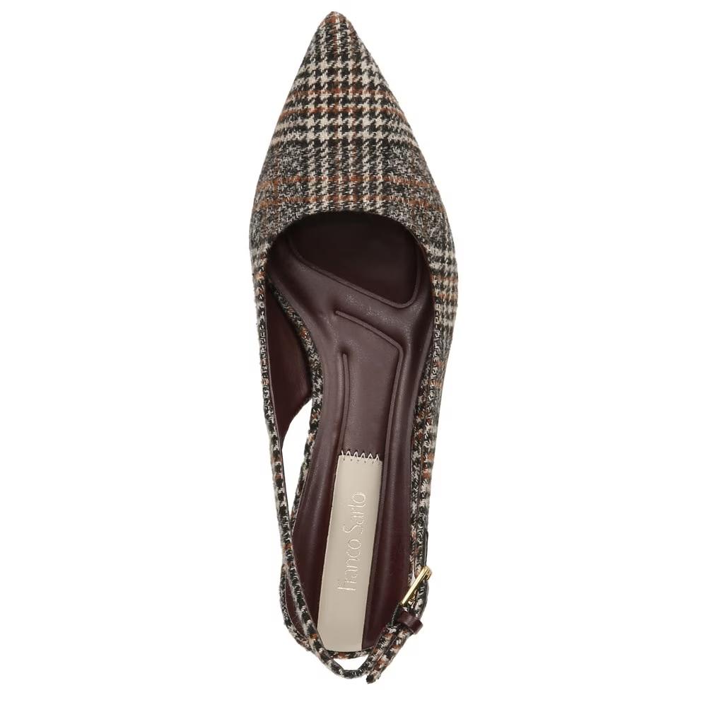 Franco Sarto Women's Racer Slingback Brown Plaid Fabric Low Block Heel Pointed Toe Pump