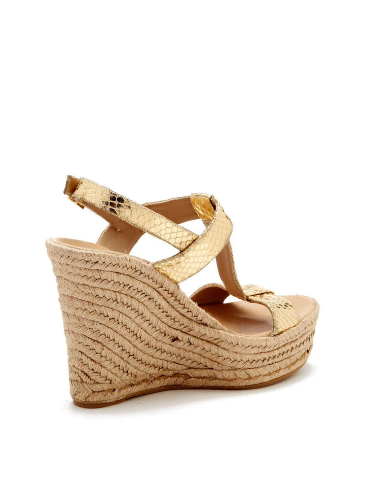 Delman Trish Gold Leather Delman Espadrille Wedge Sandal