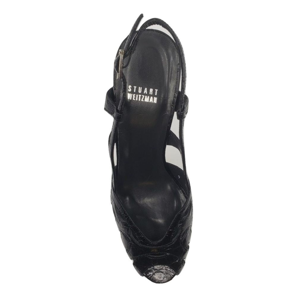 Mazie Black Caiman Croco Leather Stuart Weitzman Sandals