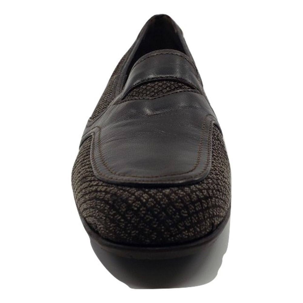 Navy Nappa Chocolate Fabric and Leather Prevata Wedge Pumps