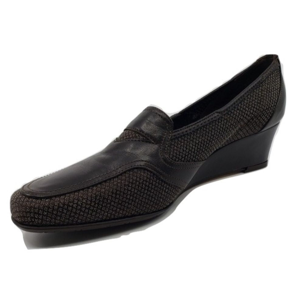 Navy Nappa Chocolate Fabric and Leather Prevata Wedge Pumps
