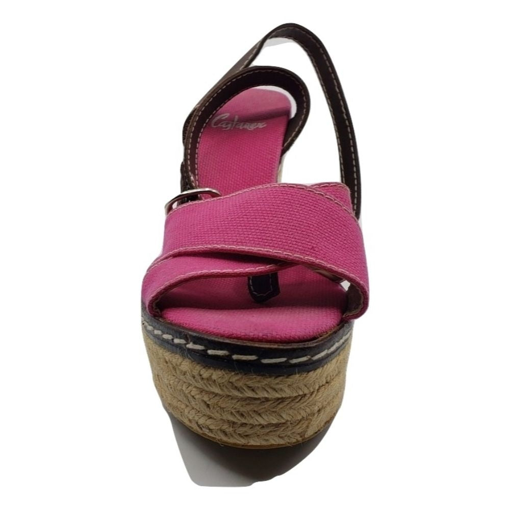 Castañer Pink Fabric Raffia Wedge Sandals