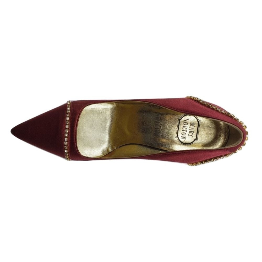 Mary Norton Crimson Red Satin Jewelled Pumps