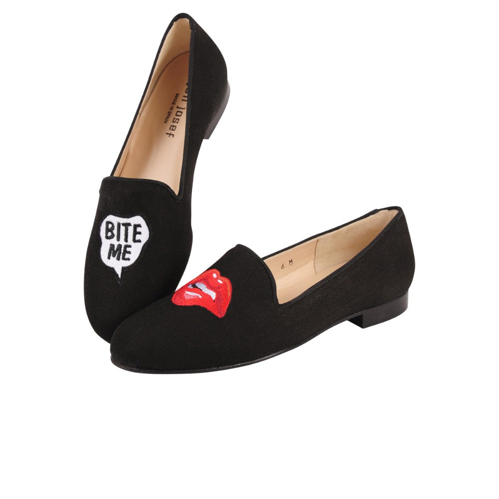 Gatsby Bite me Black Linen Jon Josef Loafer Flat - M - 9.5