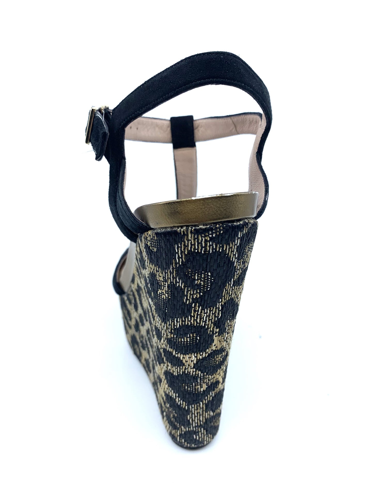AB900 Black Suede and Raffia Leopard Pura Lopez Wedge Sandals