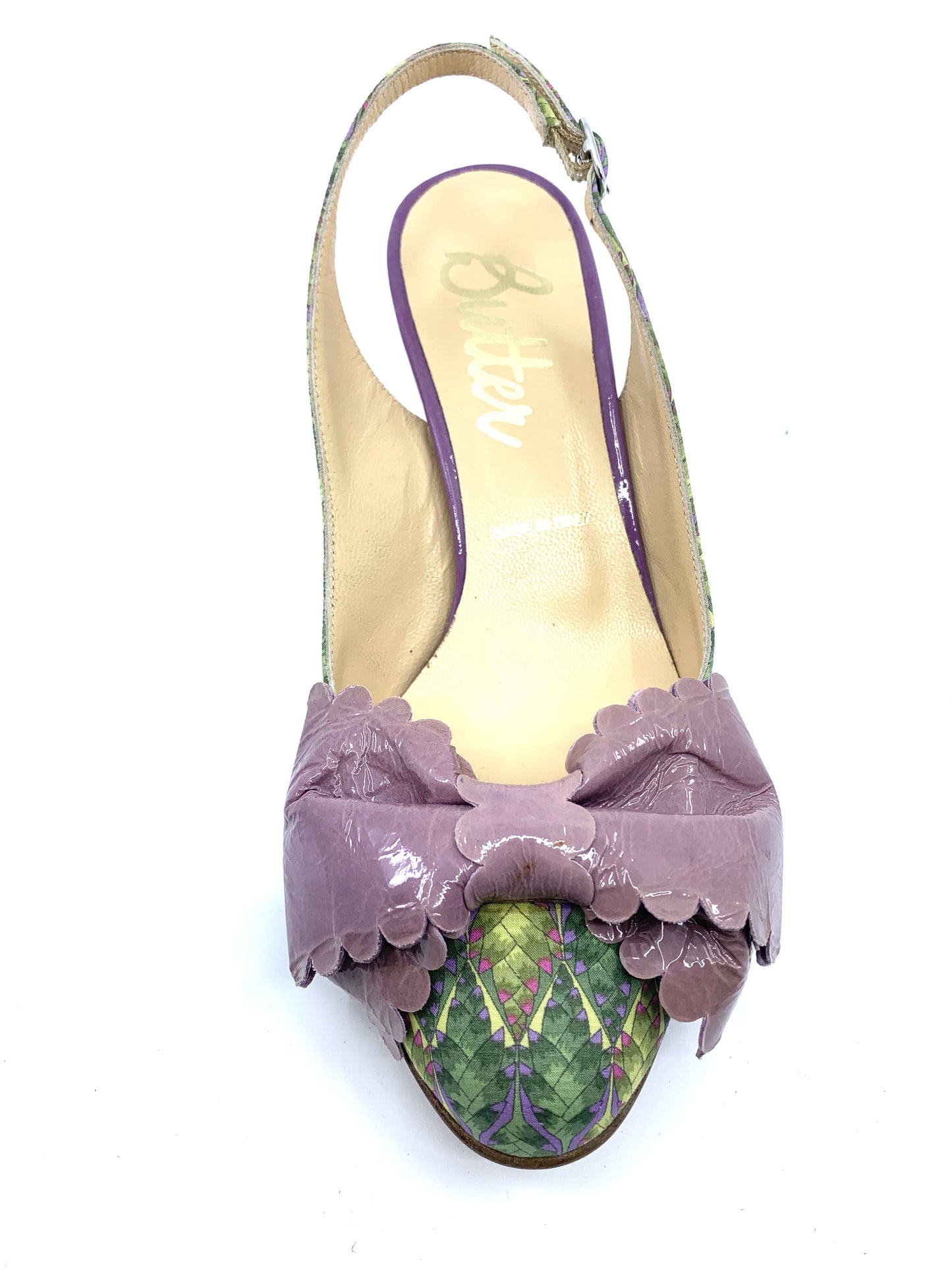 Sage Green and Purple Fabric and Patent Butter Slingback Pumps