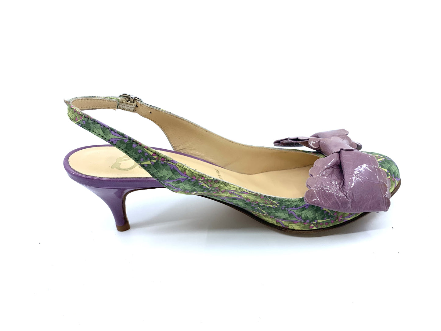 Sage Green and Purple Fabric and Patent Butter Slingback Pumps
