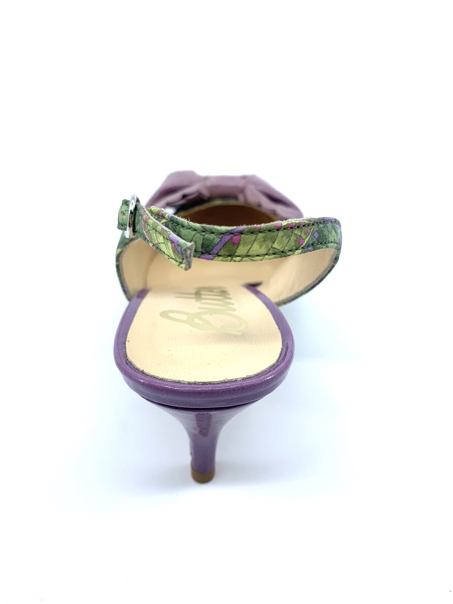 Sage Green and Purple Fabric and Patent Butter Slingback Pumps