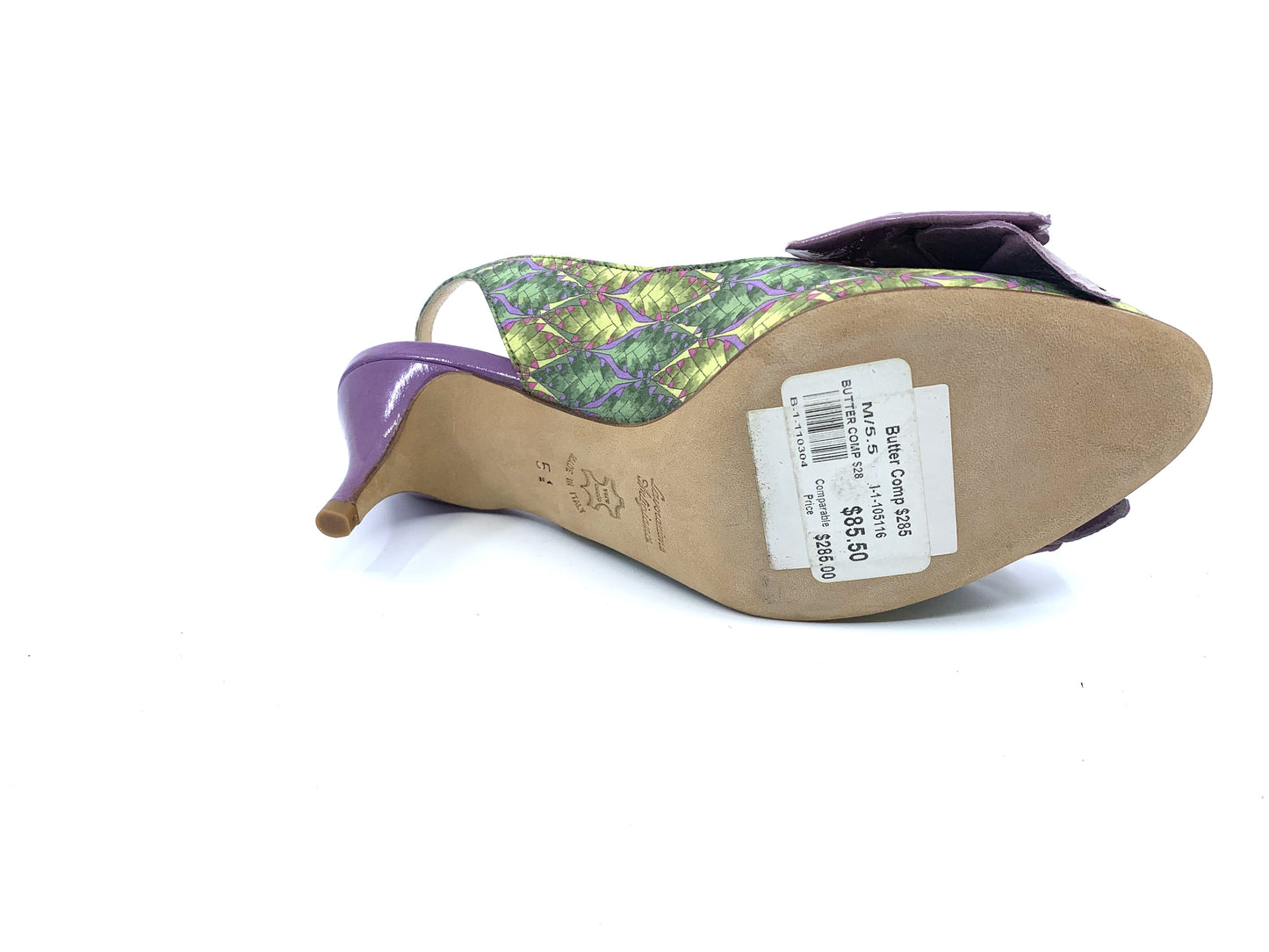 Sage Green and Purple Fabric and Patent Butter Slingback Pumps