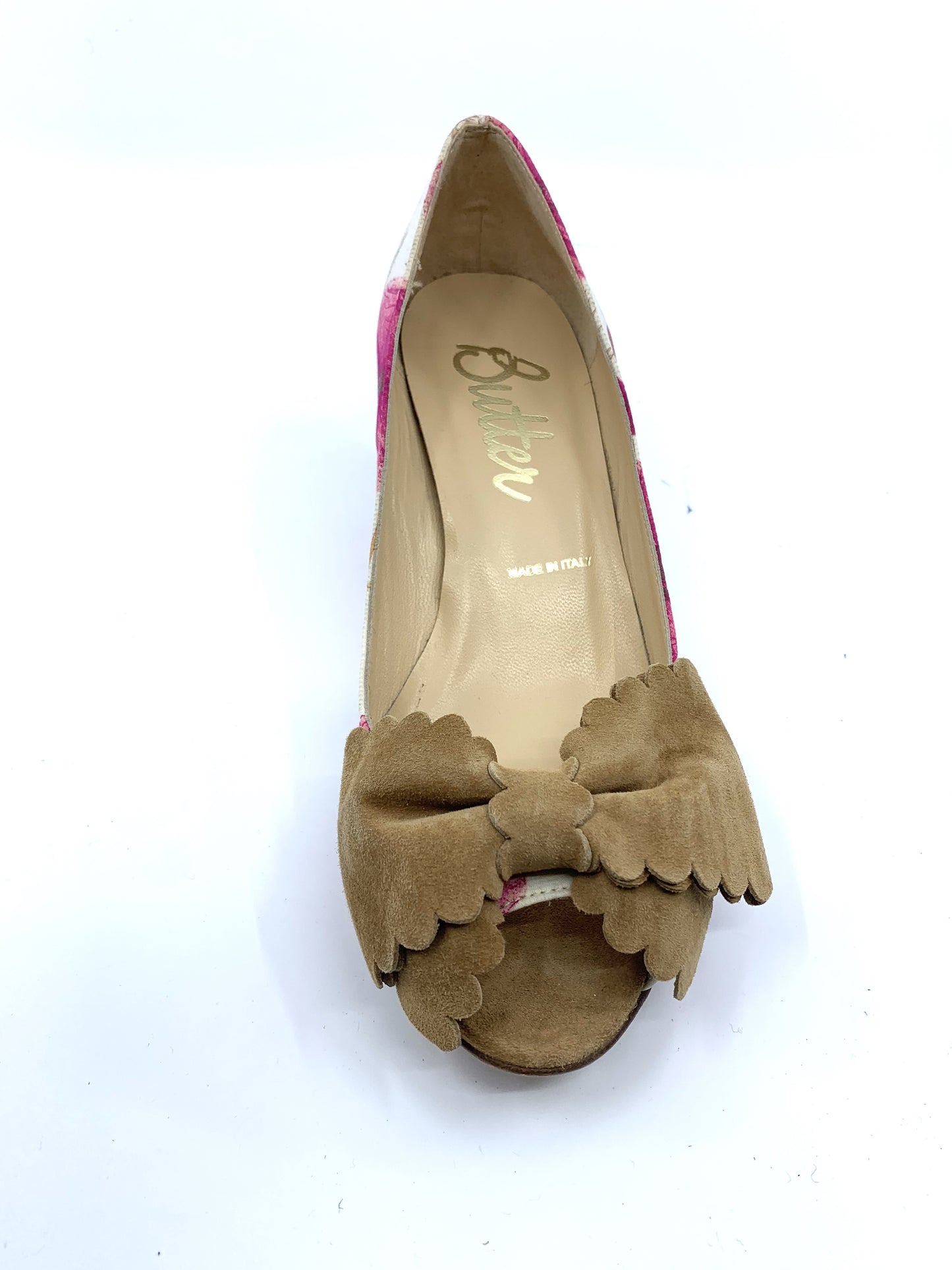 Starla Red Poppy Fabric Tan Suede Butter Pumps