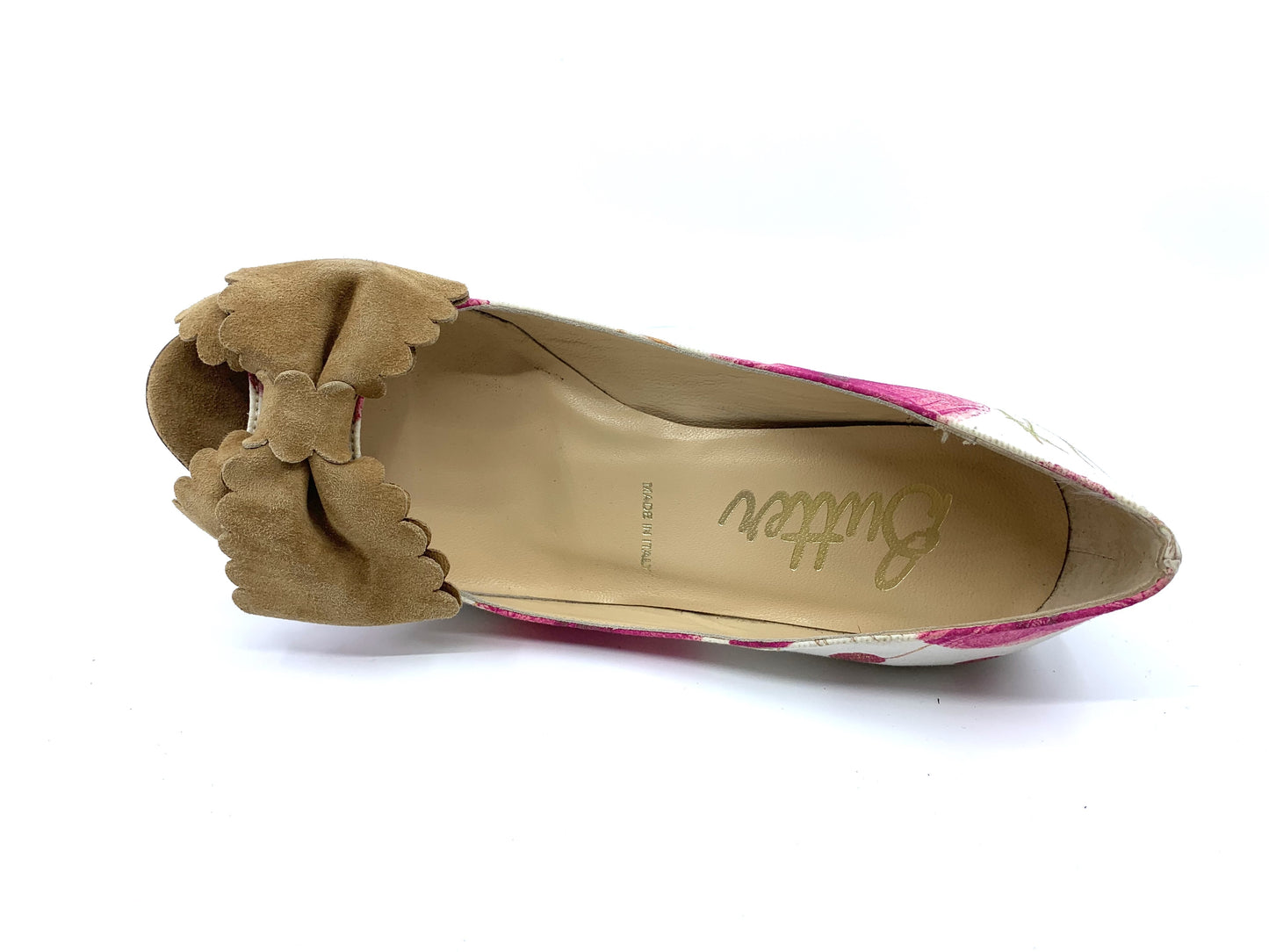 Starla Red Poppy Fabric Tan Suede Butter Pumps