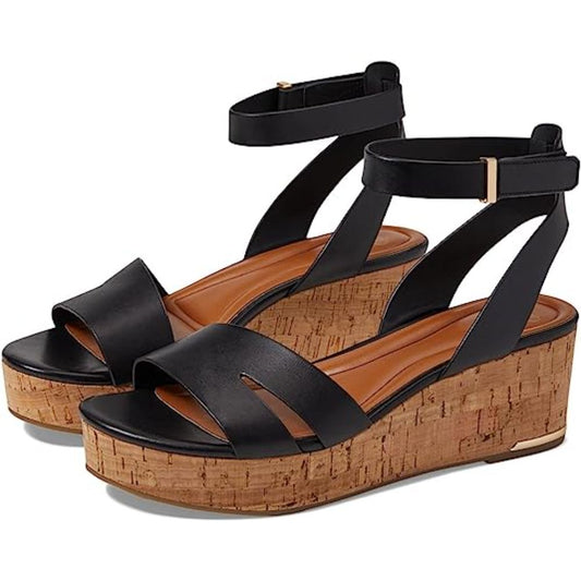 Franco Sarto Womens Primrose Black Leather Wedge Sandals