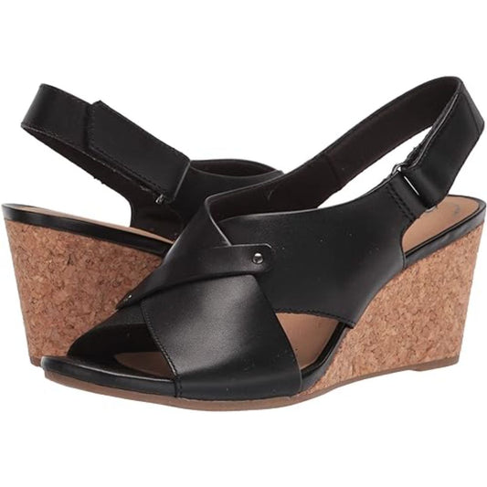 Clarks Women's Margee Eve Black Leather Wedge Sandal