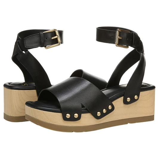 Sista Black Leather Franco Sarto Wedge Sandals