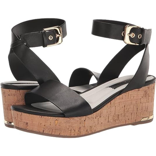 Presley Black Leather Franco Sarto Wedge Sandals