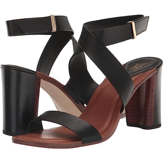 Franco Sarto Women's Olinda Black Leather Heel Sandal Heeled