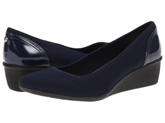 Wisher Navy Fabric Anne Klein Leather Wedge Pumps