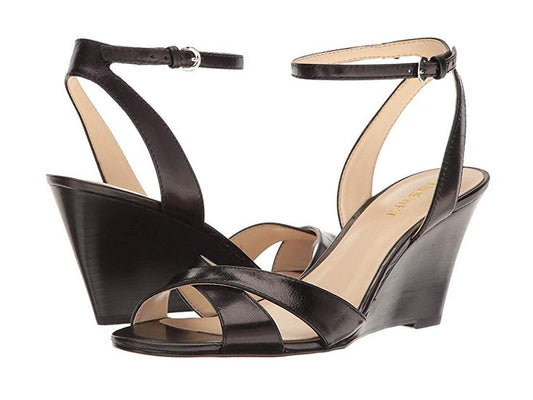 Kami Black Leather Nine West Wedge Sandals