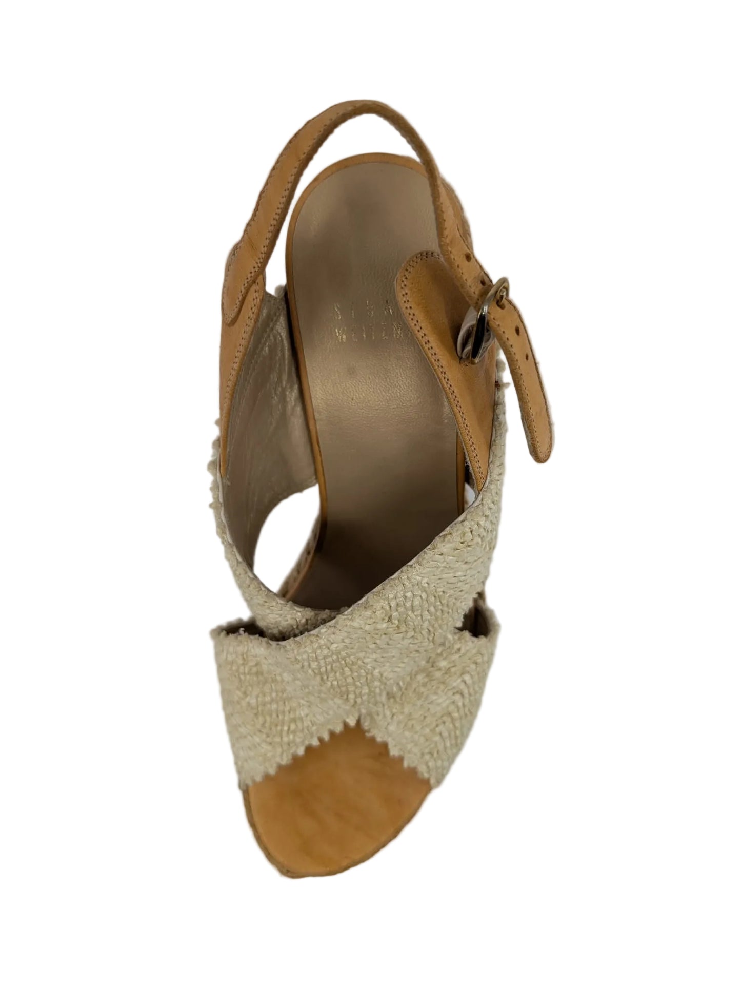 Stuart Weitzman White Raffia and Beige Leather Wedge Sandals
