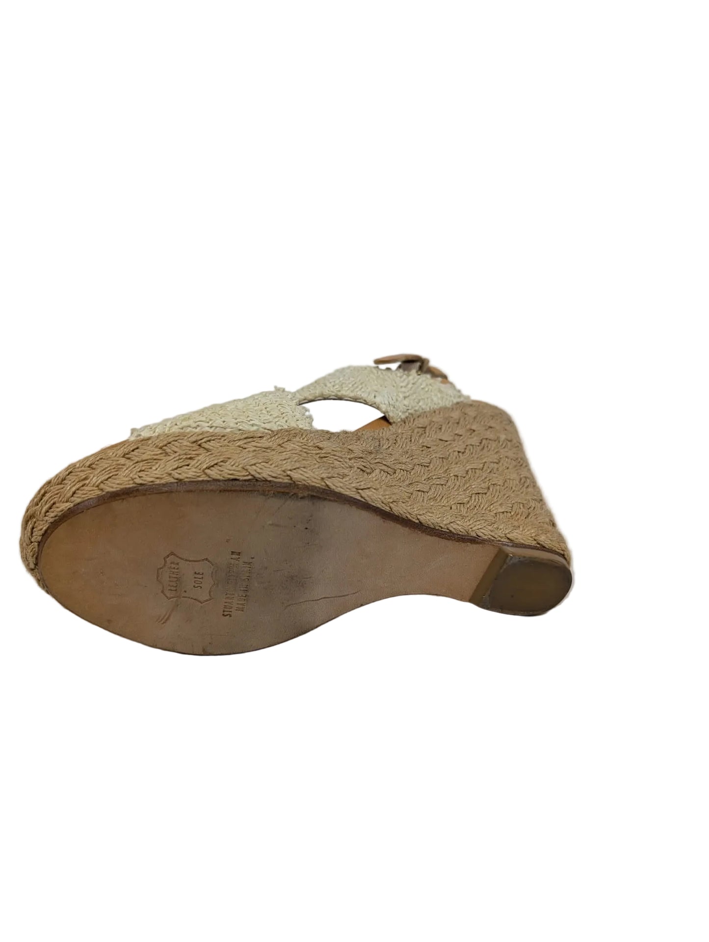 Stuart Weitzman White Raffia and Beige Leather Wedge Sandals