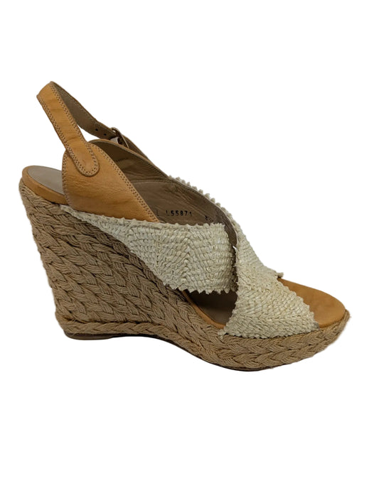 Stuart Weitzman White Raffia and Beige Leather Wedge Sandals
