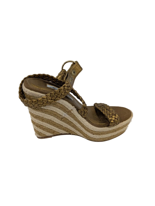 Gold Leather Strappy Brian Atwood Wedge Sandals