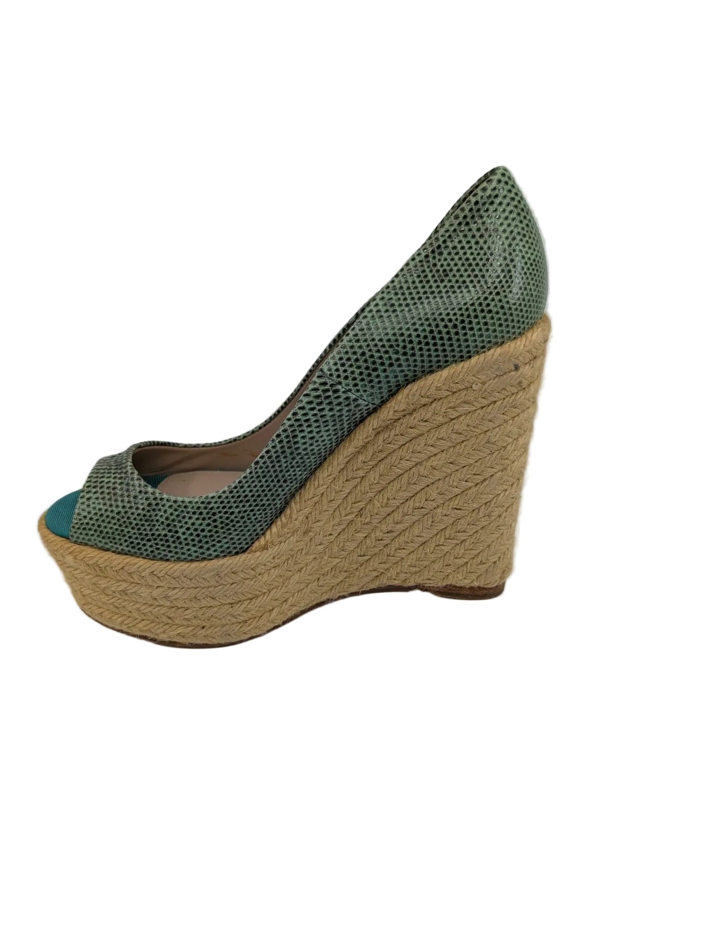 Alysha Green Snake Print Leather Brian Atwood Wedge Pumps