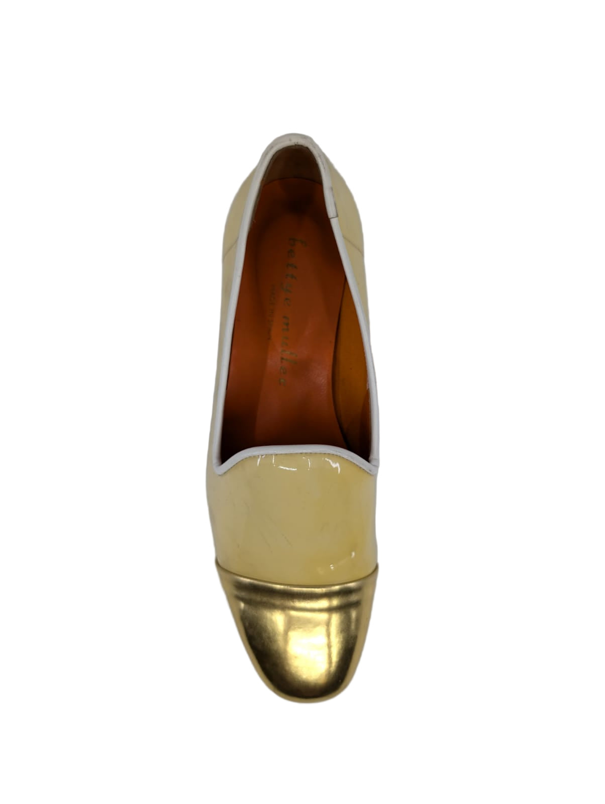 Premier Beige Gold Patent Leather Bettye Muller Loafers