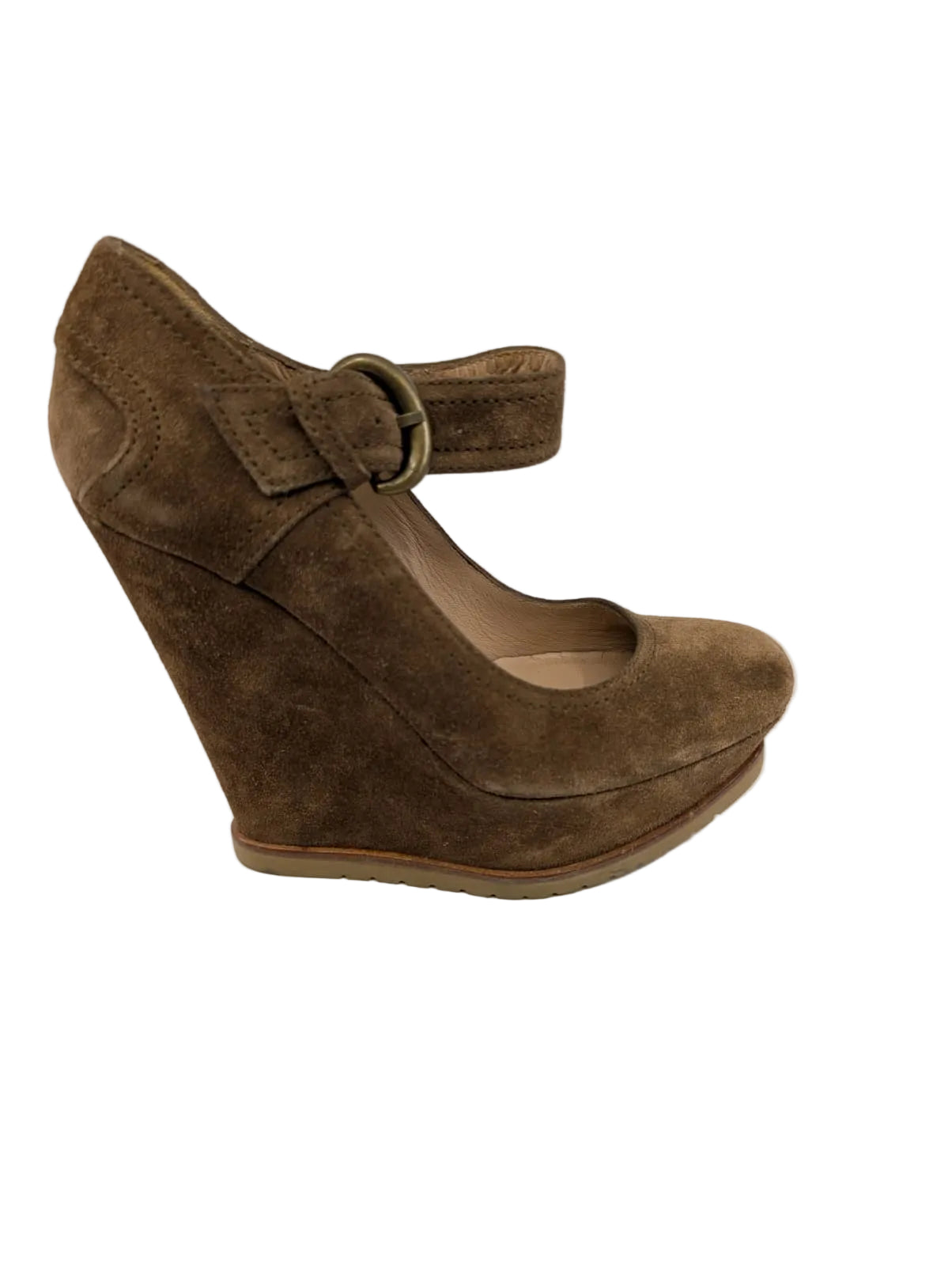 Pura Lopez Mary Janes Brown Suede Wedge Pumps