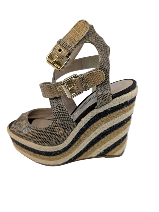 Brian Atwood Gray and Beige Wedge Sandals