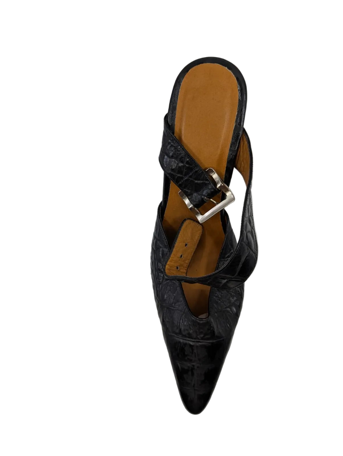 Clarita Black Crocodile Print Leather Slingback Pumps