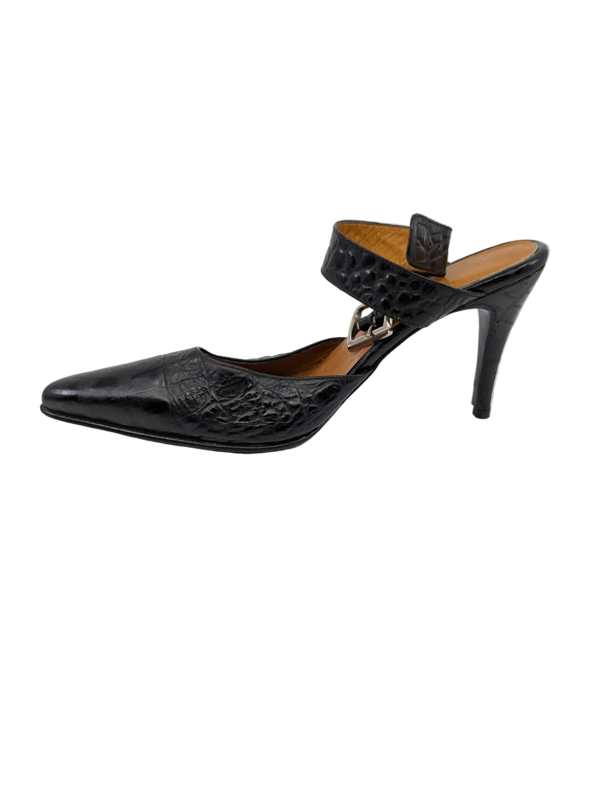 Clarita Black Crocodile Print Leather Slingback Pumps