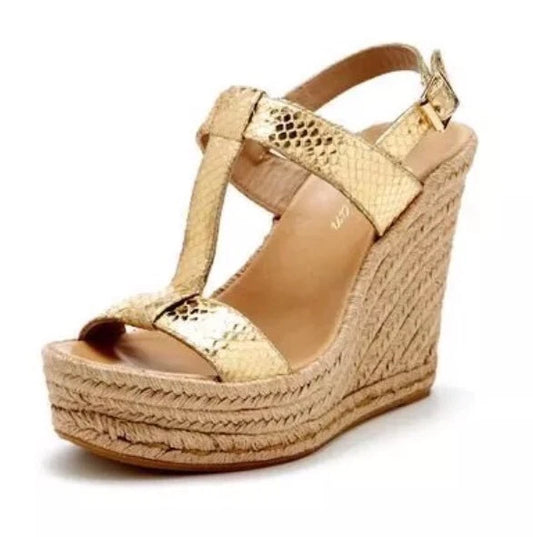 Delman Trish Gold Leather Delman Espadrille Wedge Sandal