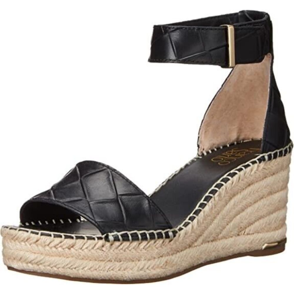 Clemens Black Woven Leather Franco Sarto Wedge Sandals