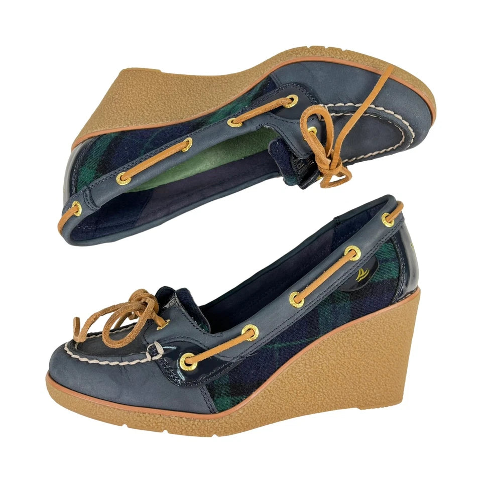 Sperry Top-Sider | Goldfish Navy & Green Plaid Wedge Heels Boat Shoes Women’s