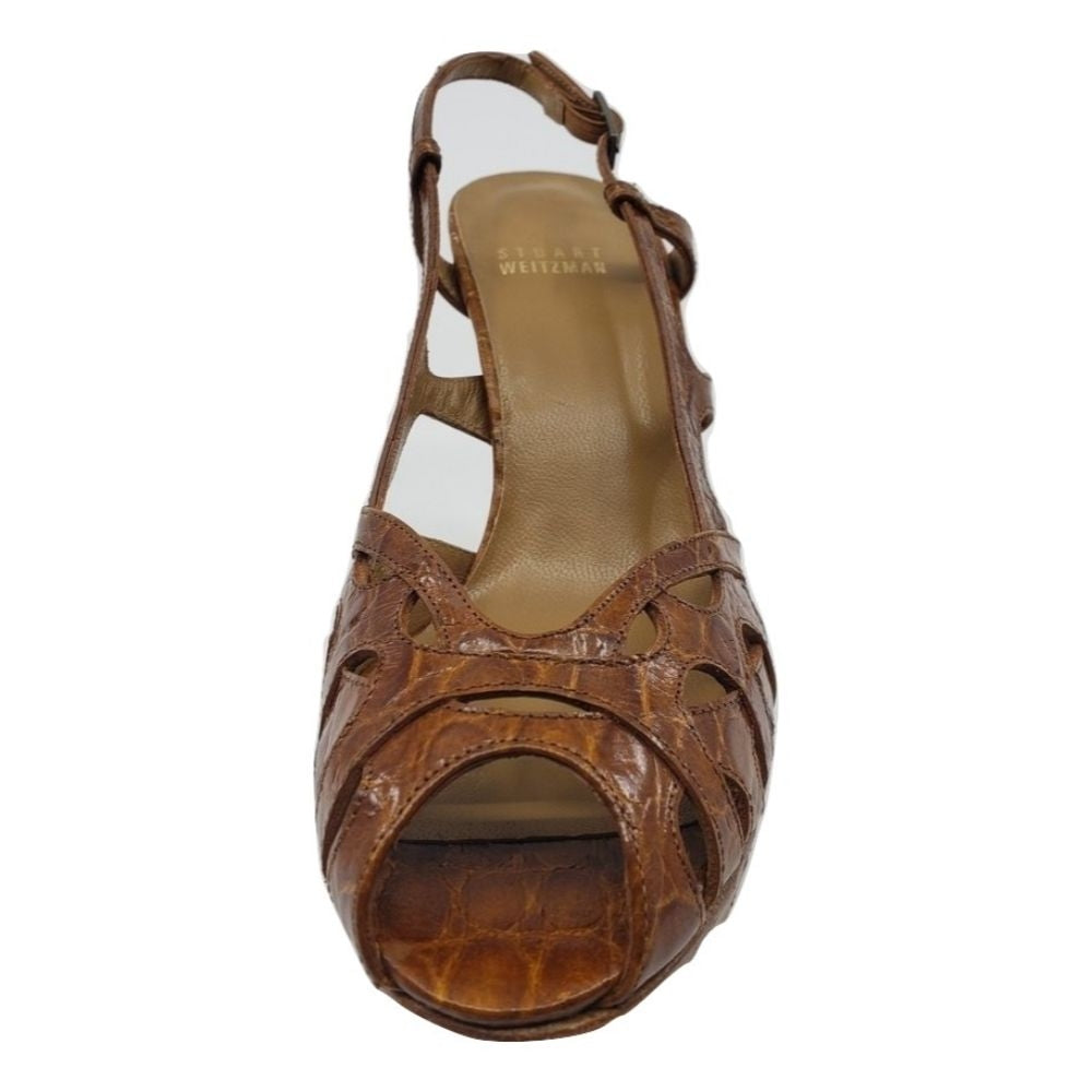 Mazie Saddle Tan Caiman Crocodile Leather Stuart Weitzman Sandals