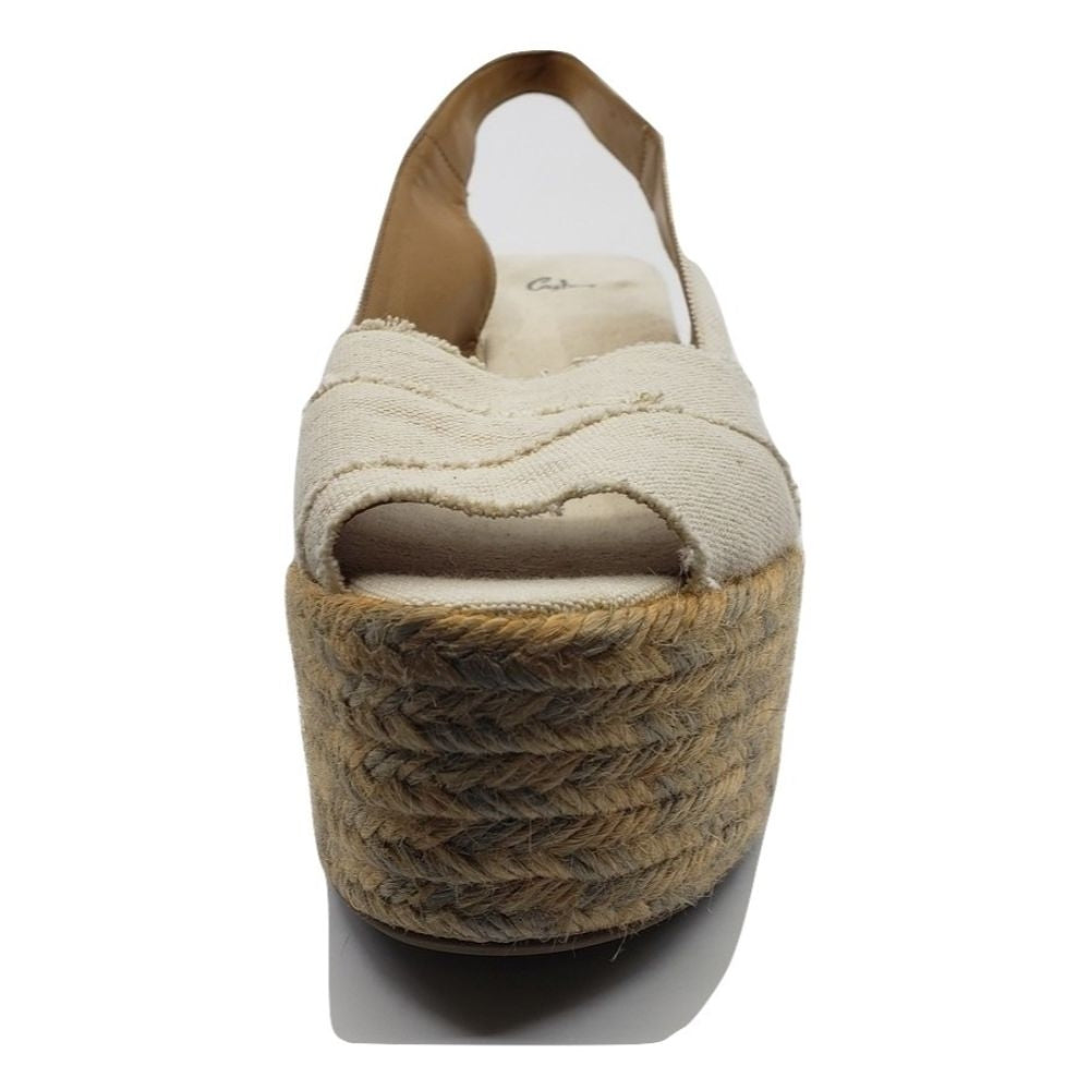 Castañer White and Beige Fabric Raffia Wedge Sandals