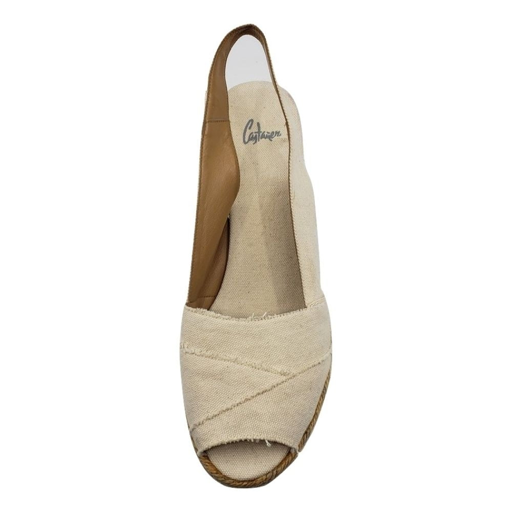 Castañer White and Beige Fabric Raffia Wedge Sandals