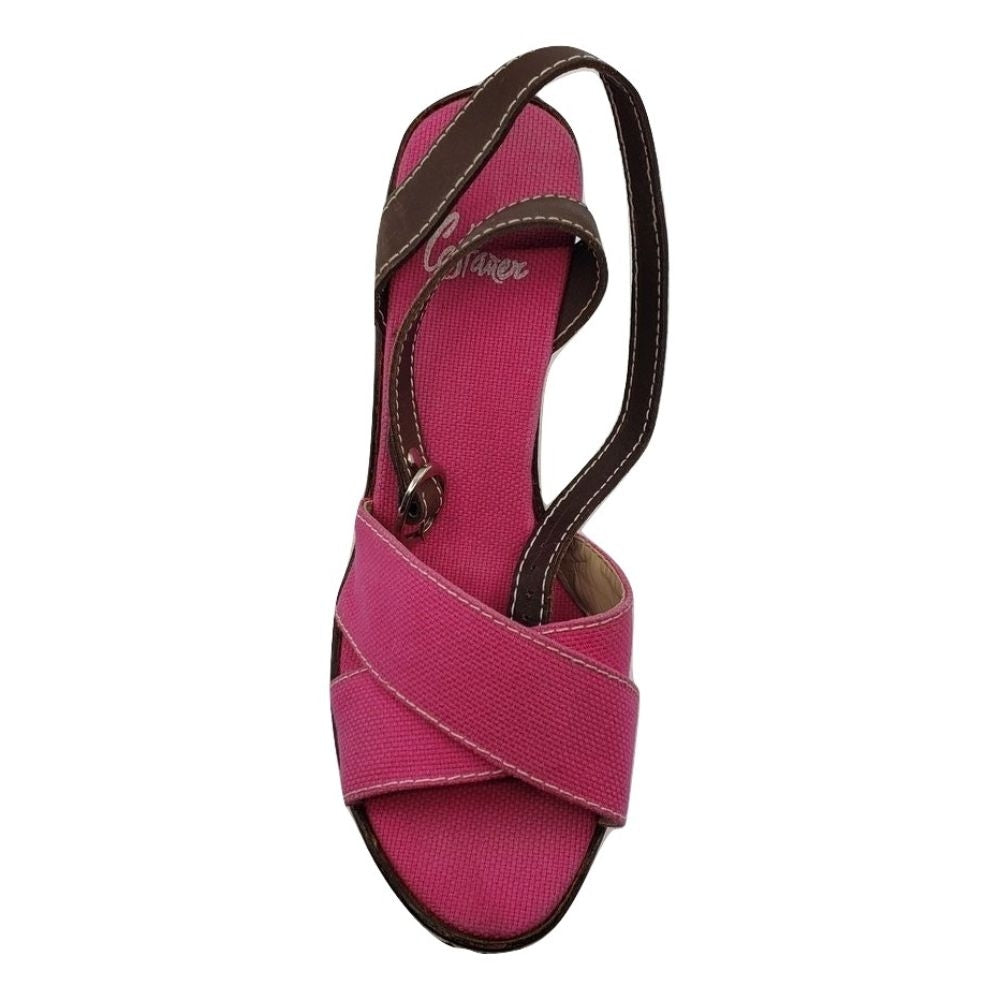 Castañer Pink Fabric Raffia Wedge Sandals