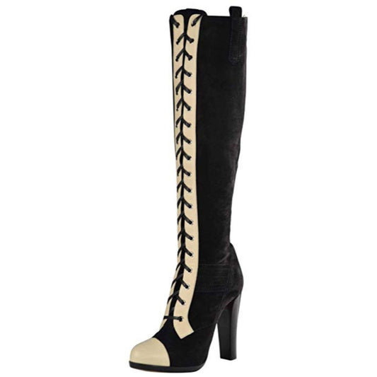83-58 Reed Krakoff Women's Suede Knee High Lace Boots-Buff/Black