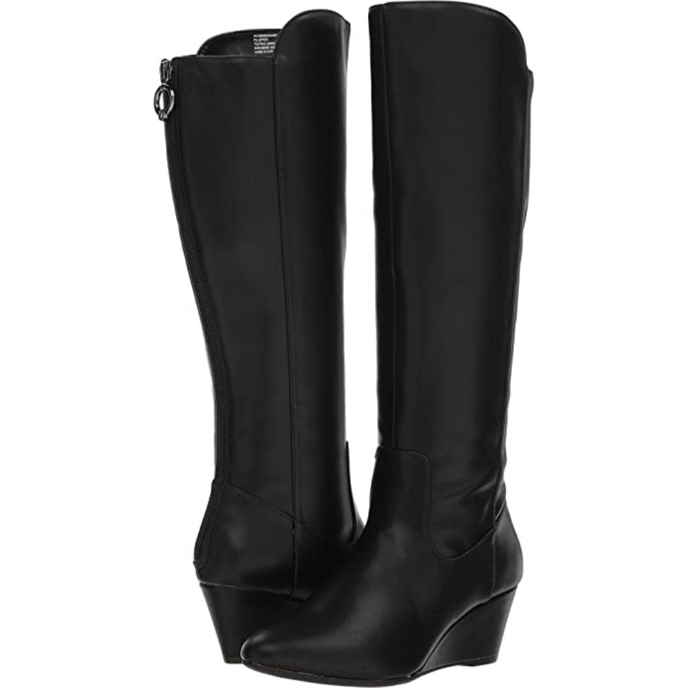 Amy Black Faux Leather Anne Klein Wedge Boots