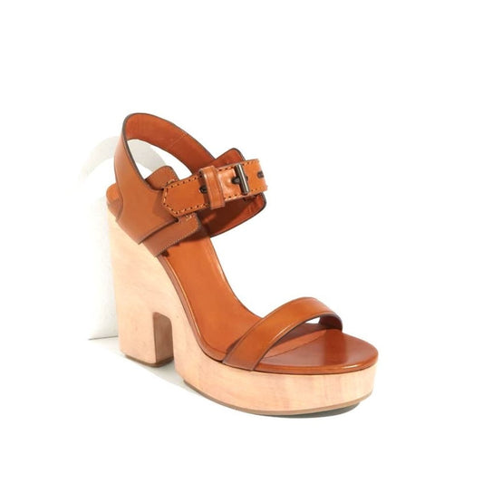 Reed Krakoff Brown Leather Slingback Cutout Platform Wooden Sandals 103-448
